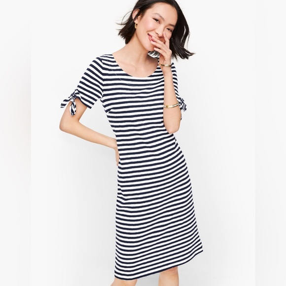 Women’s Talbots The Sleeve Knit Shift Striped Dress XS 100% Cotton Tie Sleeves - Picture 1 of 16